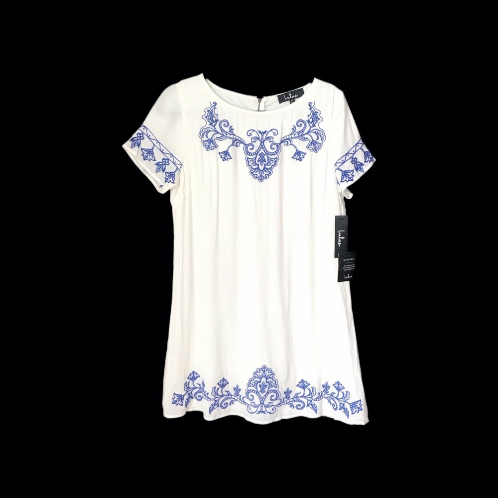 Lulus White Embroidered Dress Blue Floral Mini Shift Boho Cottagecore Size M NEW